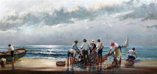 Neapolitan School Fisherfolk sorting the catch on the shore 19.5 x 39in.